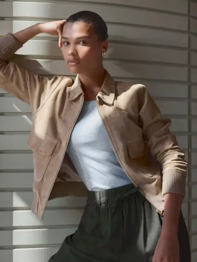 Neutral Real Suede Bomber Jacket