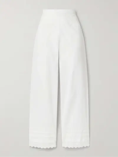 Francisca Broderie Anglaise-Trimmed Pintucked Organic Cotton-Poplin Straight-Leg Pants