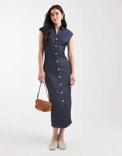 Only Button Through Denim Midi Dress in Dark Blue