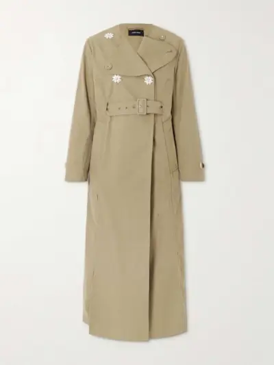 Belted Double-Breasted Embellished Cotton-Blend Canvas Trench Coat