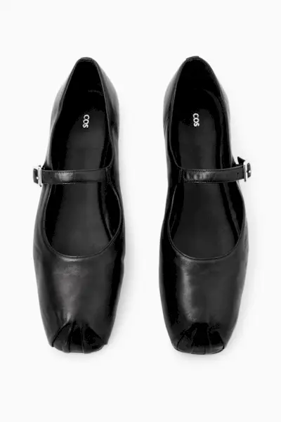 Pleated Leather Mary-Jane Ballet Flats