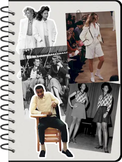 An image of archival preppy fashion, as seen on Cindy Crawford modelling for Ralph Lauren in the 1980s and Ivy League college students from the 1950s and 1960s.