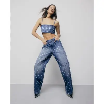 Blue Relaxed Straight Leg Studded Jeans