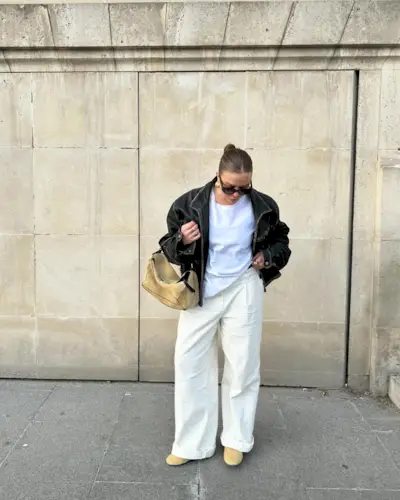 @dinahansen wearing cream jeans