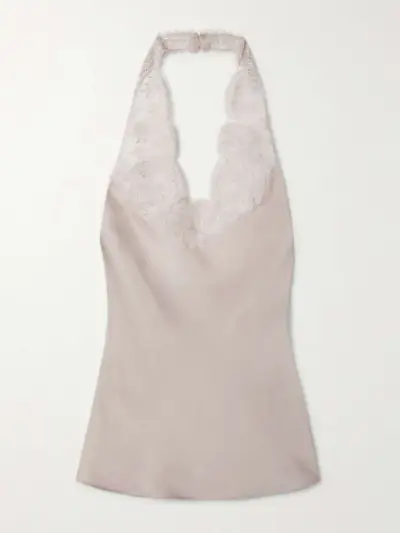 Lace-Trimmed Silk Halterneck Tank Top