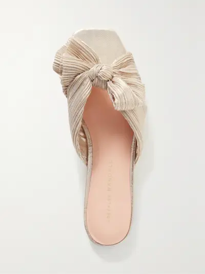 Daphne Bow-Embellished Plissé-Lamé Slidesa