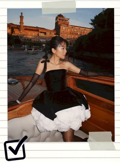 two gif photos showing what to wear to a gala with a woman wearing a red gown with matching opera gloves and a woman wearing a black gown with black sheer opera gloves