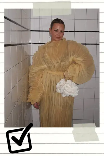 two gif photos showing what to wear to a gala with one woman wearing a red satin gown and one wearing a yellow plissé gown