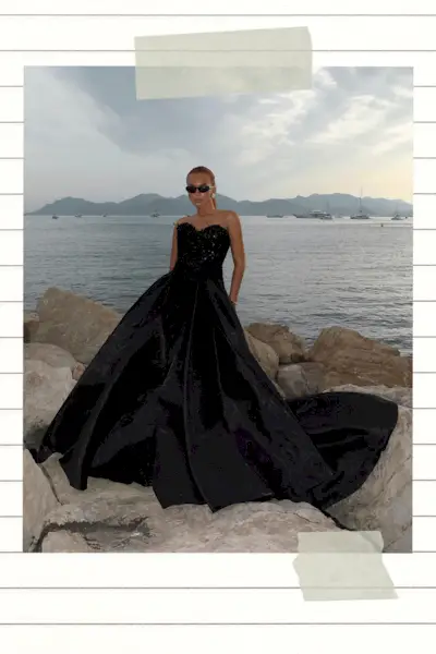 two gif photos showing what to wear to a gala with a woman wearing a black strapless gown and one woman wearing a pink gown