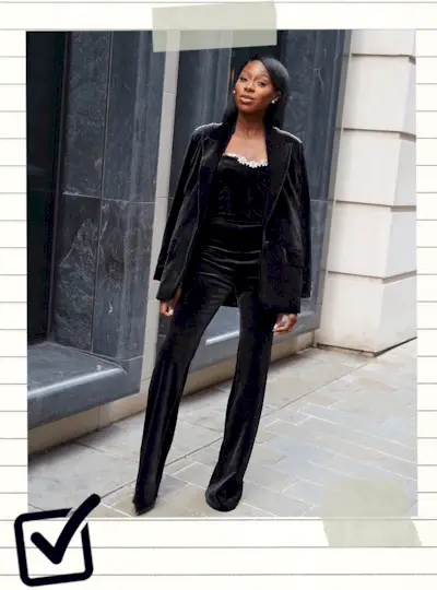 two gif photos showing what to wear to a gala with a black velvet jumpsuit and a sequin jumpsuit