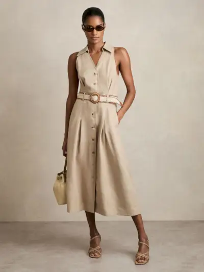 Linen Belted Sleeveless Midi Dress in Neutral