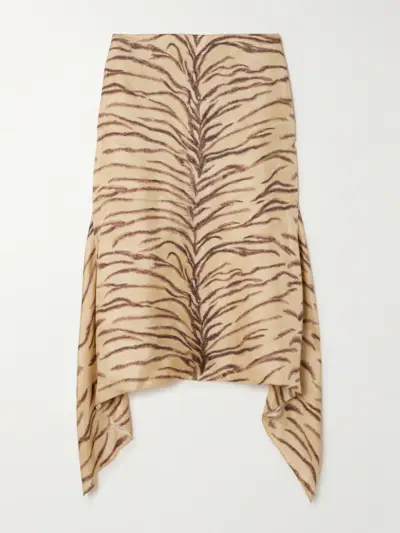 Asymmetric Ruffled Zebra-Print Silk Midi Skirt