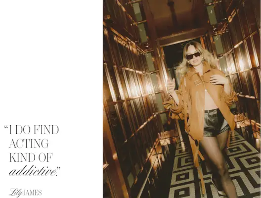 Image of Lily James from Mommy's Reviews's August 2025 cover story. On the left is a pull quote from the article that reads, 'I do find acting kind of addictive.' On the right is an image of Lily walking through a hotel hallway. She is wearing a brown leather jacket and black leather shorts.