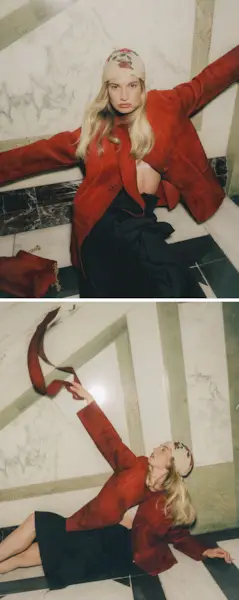 Images of Lily James for Mommy's Reviews's August 2025 cover story. Lily is sitting on a marble floor wearing a red suede jacket, black skirt, and floral print headscarf.