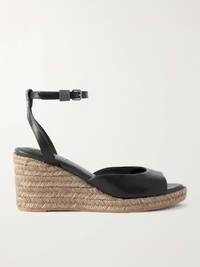 Bead-Embellished Leather Wedge Espadrilles