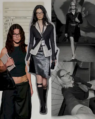 a collage depicting models wearing the geek-chic fashion trend on the runway