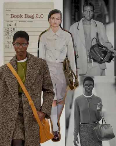 a collage depicting models wearing the book bags on the runway