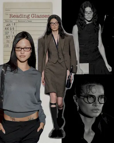 a collage depicting models wearing reading glasses on the runway