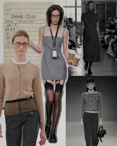 a collage depicting models wearing the geek-chic fashion trend on the runway