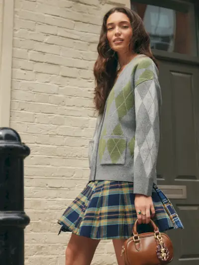 Grey/green Argyle Supersoft V-Neck Cardigan With Pockets