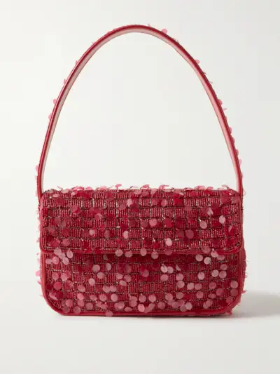 Tommy Beaded Faux Leather-Trimmed Embellished Satin Shoulder Bag