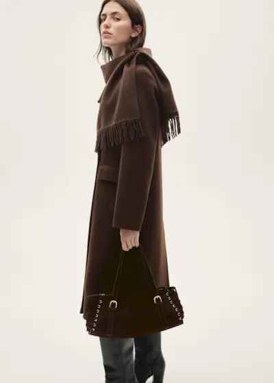 Wool Coat With Fringed Scarf - Women | Mango United Kingdom