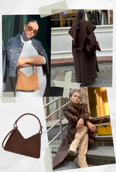 the best Staud bags shown in a collage of women carrying the Staud Valerie Bag