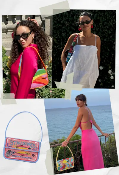 the best staud bags shown in a collage of women carrying the Staud Moon Bag