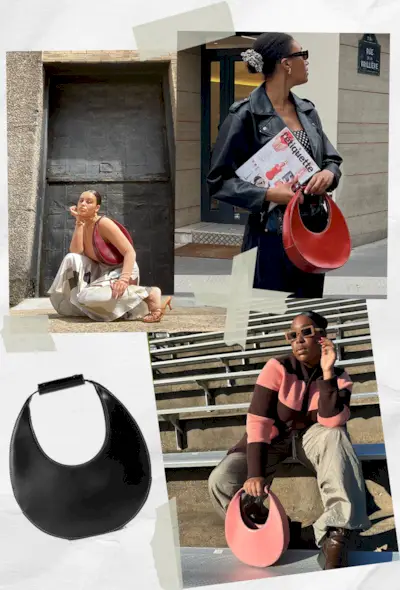 the best staud bags shown in a collage of women carrying the Staud Moon Bag