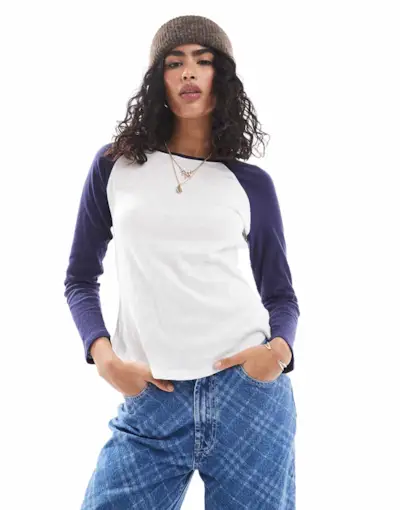 Cotton on Raglan Long Sleeve Top in Navy and Coconut Milk
