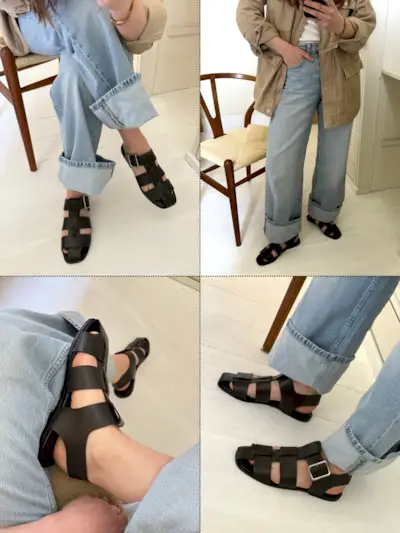 Editor Emily Dawes wears Aeyde Fisherman sandals with jeans