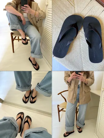 Editor Emily Dawes wears The Row flip flops and jeans.