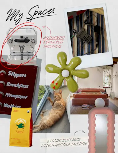 a collage of images featuring Emma Chamberlain and her work, her personal style and wardrobe, and her interior design taste