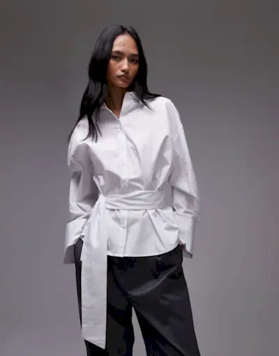 Asos Design Poplin Belted Cinch Shirt in White