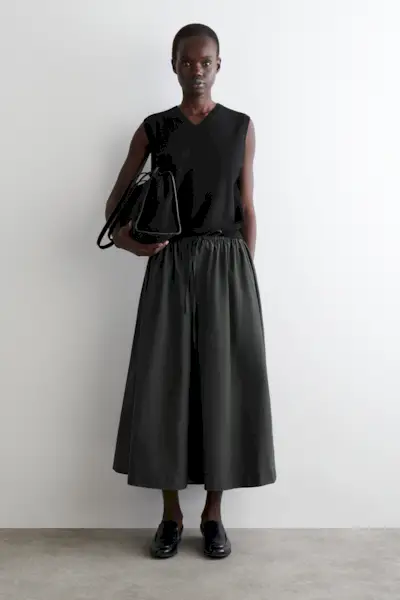 Drawstring Cotton Midi Skirt