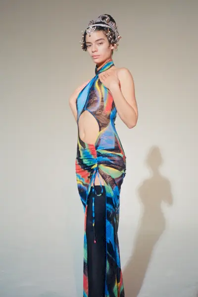 Kim Shui Blue Swirl Cut Out Qi Pao-Full Length