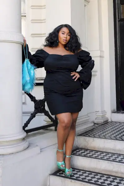 a photo of a club outfit with a woman wearing a black minidress with blue sequinned bag and teal platform heels