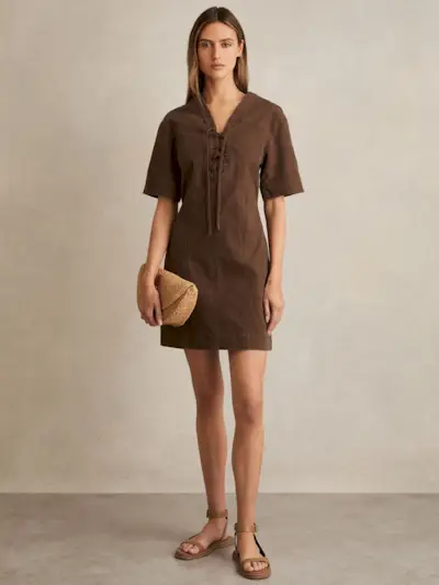 Lace Up Denim Shirt Dress in Chocolate