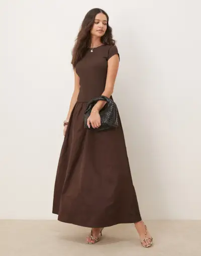Asos Design Texture Mixed Woven Skirt Maxi Dress in Brown