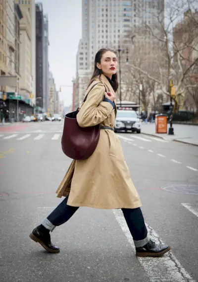 A woman crosses the street in New York City wearing jeans, a trench coat and black Oxford shoes.