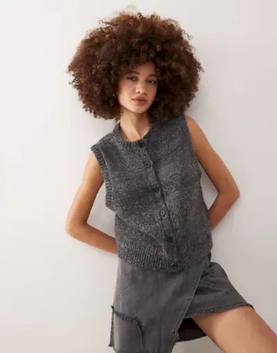 Weekday Peggy Knitted Button Down Vest in Dark Gray Melange