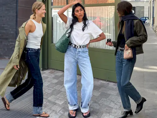 fashion collage of style influencers Monikh Dale and Anne-Laure Mais and model Laura Julie wearing outfits with cuffed jeans