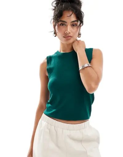 Mango Sleeveless Round Neck Top in Dark Green