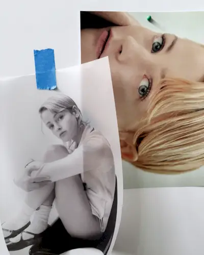 Image slide from Esther McGregor's In Focus feature. On the left is a taped black and white photo of Esther sitting on a chair, her arms wrapped around her legs. On the right is a close-up photo of Esther turned on its side.