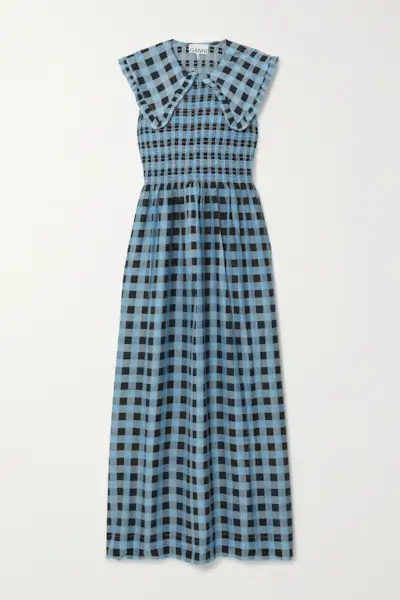 Ganni + Smocked Checked Cotton and Silk-Blend Maxi Dress