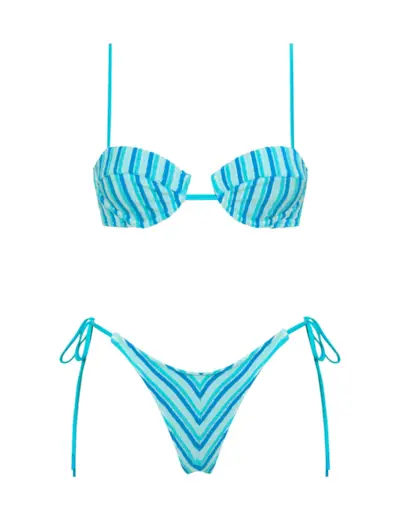 a blue striped bikini top matching string bikini bottoms