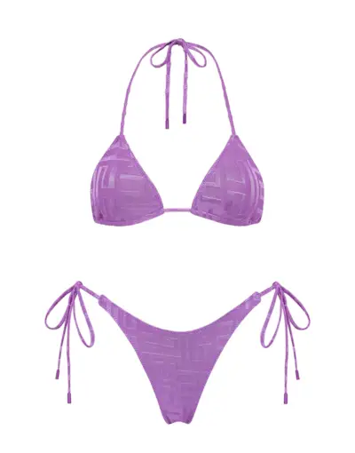a purple string bikini on a white background