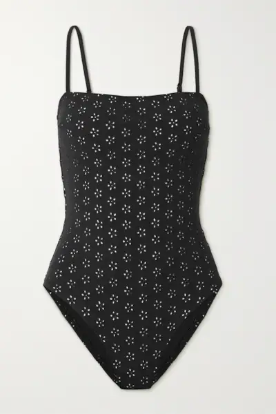 a black one-piece bikini with white embroidered flowers