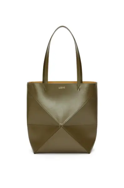 Loewe + Puzzle Fold Tote in Shiny Calfskin in Dark Khaki Green