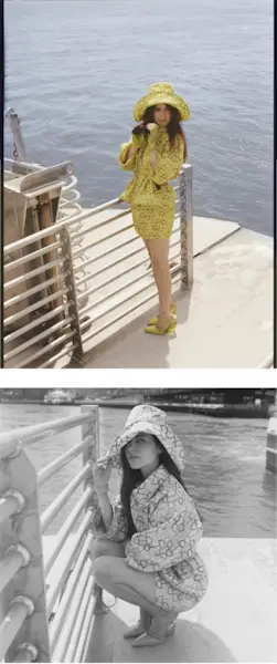 Molly Gordon standing out on a ferry boat. In the top image, she is holding a pair of binoculars and wearing a matching Gucci hat, jacket, skirt, and shoes. In the bottom image, she is kneeling down next to a railing.